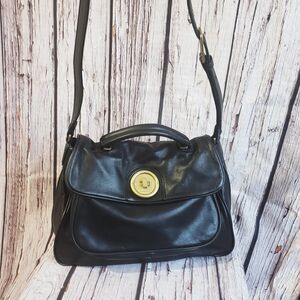 Sequoia Paris Black Shiny Leather Turnlock Crossbody Gold Clasp Purse VTG Bag